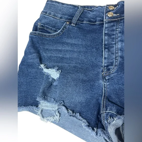 Forever 21 High Rise Shortie Denim Short Frayed Hem Distressed Button Up Size 16 - Picture 3 of 7